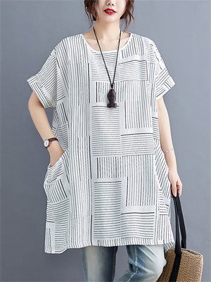 Women's Scoop Neck Short Sleeve Korean Oversized Stripe Shirt