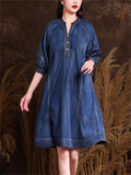 Ethnic Style Embroidery Women's V Neck Puff Sleeve Denim Dress