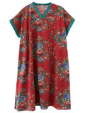 Women's Casual Rose Print V Neck Short Sleeve Oversized Dress