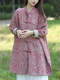 Women's Casual Leaf Print Stand Collar Cotton Linen Coat