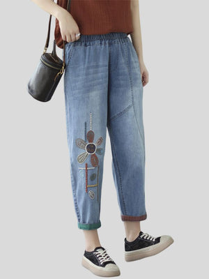 Women's Casual Floral Embroidery Blue Washed Denim Pants