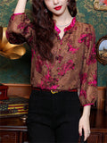 Rose Red Stand Collar Lantern Sleeve Retro Chiffon Shirt for Female