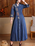 Women's Elegant Embroidery V Neck Button Up Denim Dress