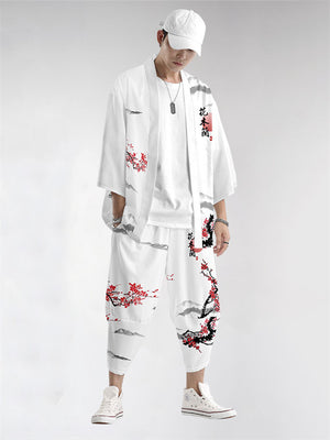 Retro Plum Blossom Hanzi Print Men's Cardigan Shirt Cropped Pants