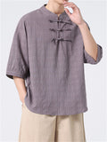 Men's Chinese Style Stand Collar Short Sleeve Linen Plaid Shirt