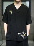 Men's Casual Cozy Smooth Leaf Embroidery Short Sleeve Shirt