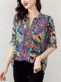 Colored Drawing Print V Neck Half Sleeve Rhinestone Shirt for Lady