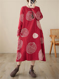 Lady Ethnic Style Polka Dot Fleece-lined Winter Cotton Linen Dress