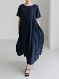 Oversized Round Neck Cotton Linen Pleated Dress for Lady