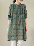 Female Ethnic Print Round Neck Long Sleeve Linen Shirt