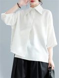 Black & White Simple Lapel Button Up 3/4 Sleeve Shirt for Women