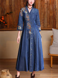 Women's Elegant Embroidery V Neck Button Up Denim Dress