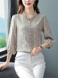 Elegant Puff Sleeve Floral Pattern Faux Silk Shirt for Women