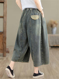 Casual Drawstring Patch Embroidered Cropped Jeans for Women