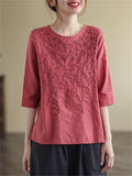 Retro Flower Embroidery Regular Fit Crew Neck Shirt for Women