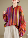 Women's Rainbow Stripe Loose Fit Lantern Sleeve Shirts