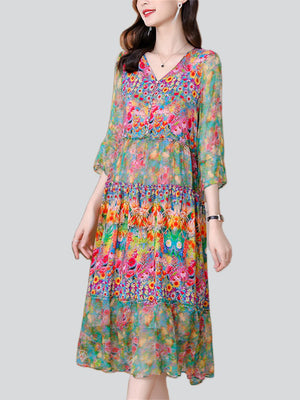 Elegant 3/4 Sleeve Spliced Floral Dress for Women