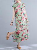 Mint Green Stand Collar Slim Fit Side Slit Print Qipao for Women