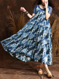 Women's French Style Daisy Print Blue Midi Dress