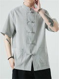 Men's Chinese Style Stand Collar Knot Button Summer Striped Shirt