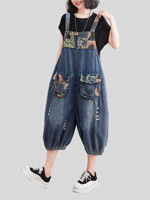 Female Cute Print Youthful Splice Denim Jumpsuits