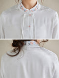 Women's Flower Embroidery Elegant Stand Collar White Shirt