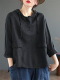 Plain Cotton Linen Long Sleeve Hooded Shirt for Women