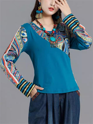 Female Ethnic Style Floral Patchwork Round Neck Long Sleeve Shirts