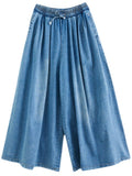 Female Trendy Washed Lace-up Wide-leg Blue Jeans