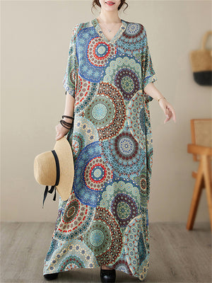 Female V-Neck Multicolor Circle Printed Beach Vacation Dress