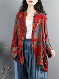 Women's Chinese Northeast Big Flower Print Knot Button Red Shirt