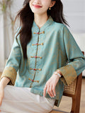 Female Stand Collar Vintage Jacquard Long Sleeve Shirt