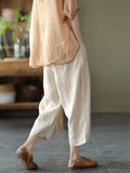 Cotton Linen Elastic Waist Solid Patchwork Women's Pants