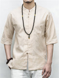 Men's Summer Vacation Stand Collar Button Short Sleeve Linen Shirt