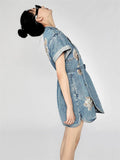 Ladies Auspicious Beast Qilin Chic Denim Qipao Dress