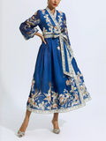 Ethnic Bird & Flower Print Lantern Sleeve Lace Up Dress for Women