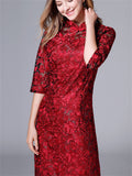 Women's Elegant Flower Embroidery Red Lace Qipao Dress