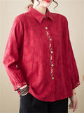 Female Chinese Floral Embroideried Lapel Button Up Linen Shirt