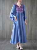 Ethnic Style V Neck Embroidery Ruffle Dress for Women