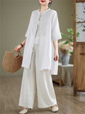 Female Leisure Cotton Linen 3/4 Sleeve Mid-Length Shirt