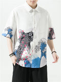 Fish Crane Mountain Print Summer Button T-shirt for Men