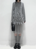 Fashion Transparent Mesh Patchwork Grey Knitted Dress for Lady