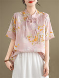 Ginkgo Leaf Print Stand Collar Tassel Button Female Shirt