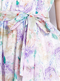 Sweet Stand Collar Flutter Sleeve Print Chiffon Dress for Lady