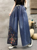 Ethnic Style Peony Embroidery Women's Wide Leg Jeans