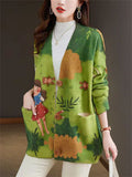 Cute Cartoon Print V Neck Button Long Sleeve Jacket for Women