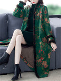 Women's Luxury Faux Fur Stand Collar Button Flower Print Long Coat