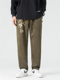 Men's Retro Gold Bamboo Leaf Embroidery Faux Suede Trousers