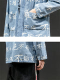 Chinese Style Hanzi Print Front Lace Up Denim Jacket for Men