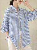 Summer Extra Thin Striped Lapel Button Up Shirt for Women